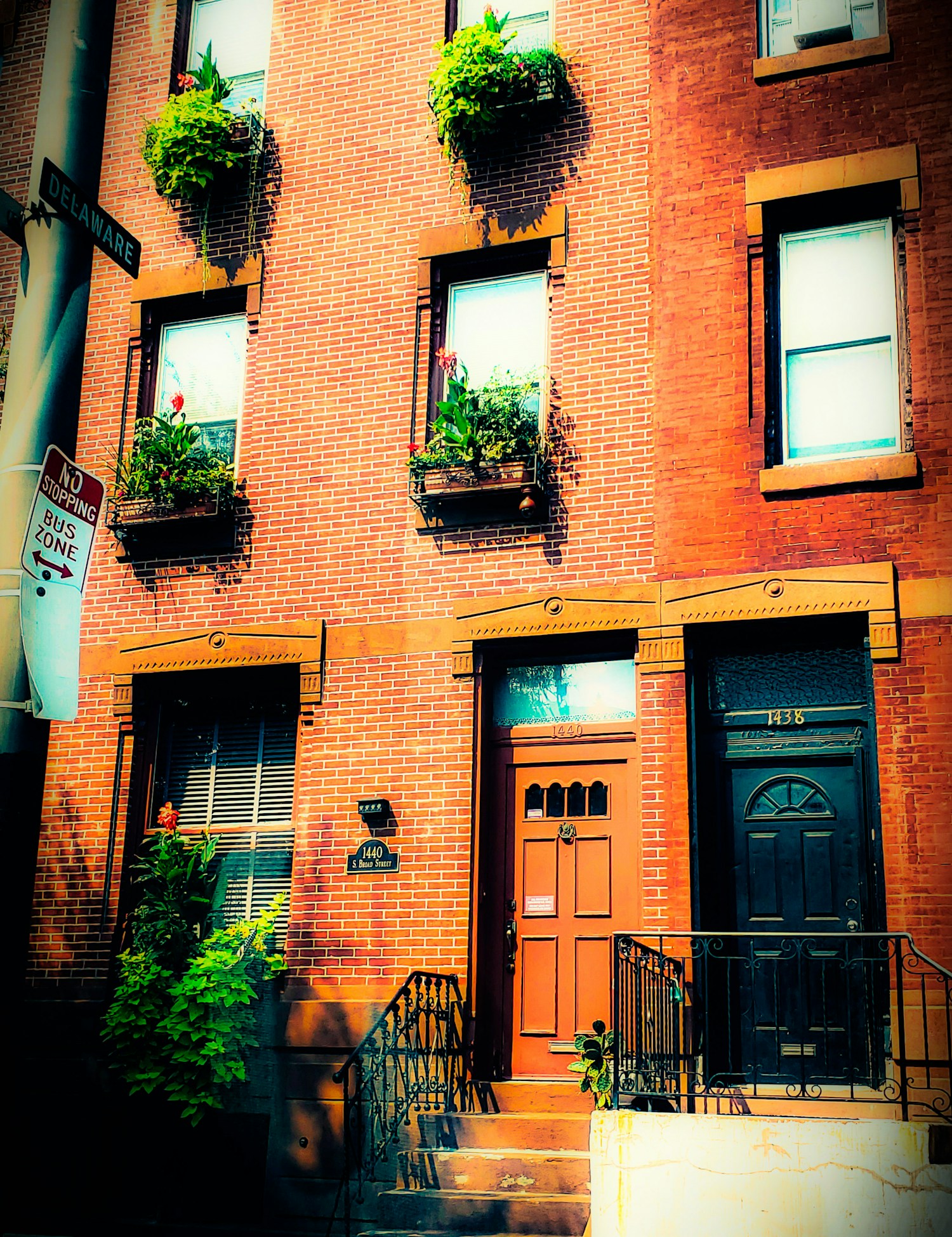 Red brick homes and flower boxes in South Philadelphia